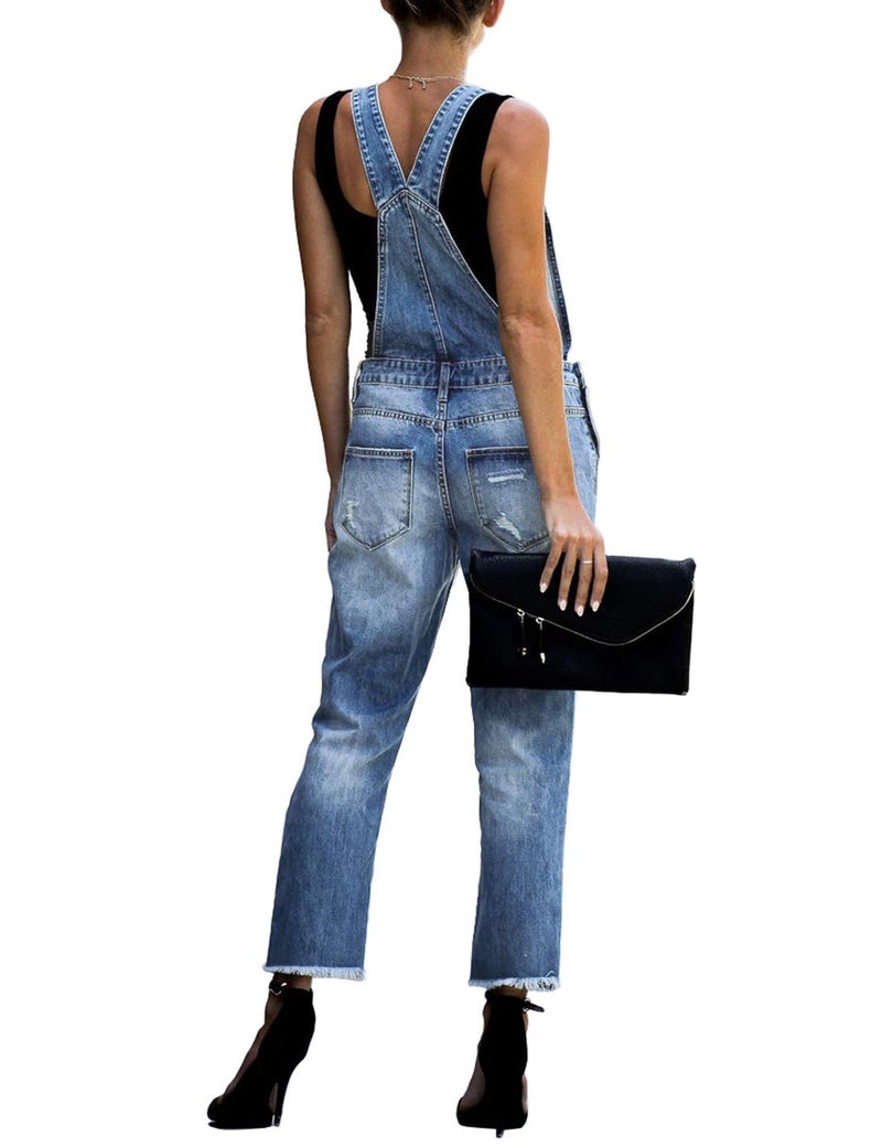 luvamia Women's Casual Distressed Adjustable Denim Bib Overalls Jeans Pants Jumpsuits Blue Size Small - Image 2